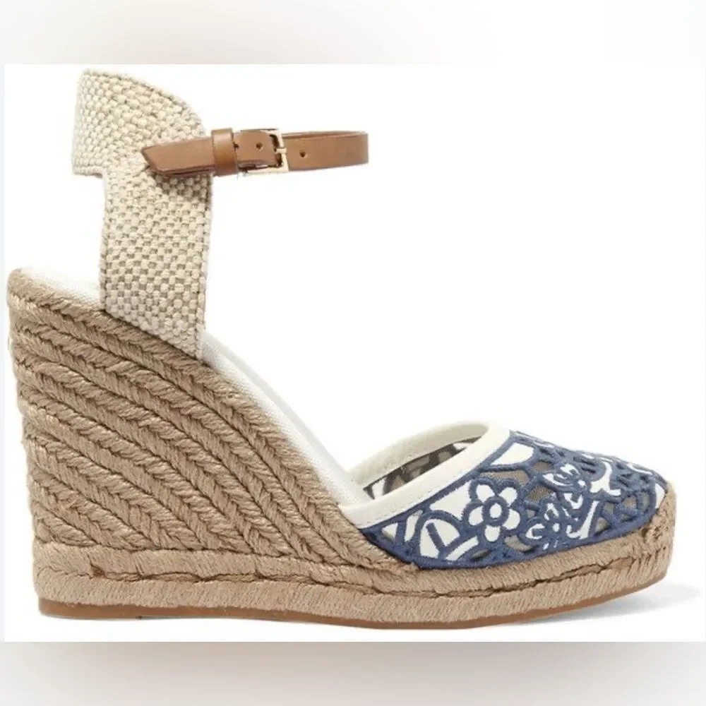 Tory Burch Lucia Lace Wedge Espadrille, Tory Navy white 8.5 M